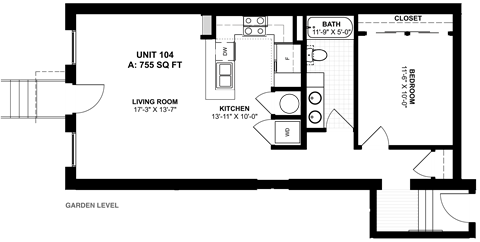 Floor plan for 1 bed, 1 bath, 755 sqft